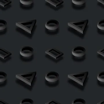 Minimal black seamless pattern background. Geometric 3D figures on dark field Illustrazione stock