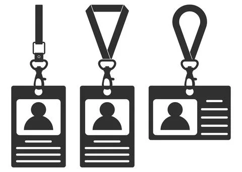 Minimal black silhouette set of ID badge cards with lanyards and clips. Conce Illustrazione stock