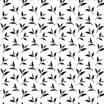 Minimal Black Tea Leaf Seamless Pattern with Botanical Branches 스톡 일러스트