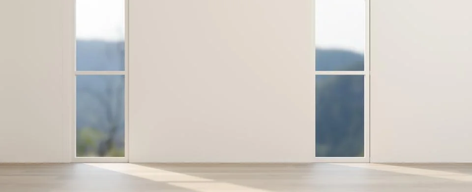 Minimal blank wall between large windows in modern interior. Stock-Illustration