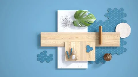Minimal blue background with copy space, marble slab, wooden planks, cutting  Stock Illustration