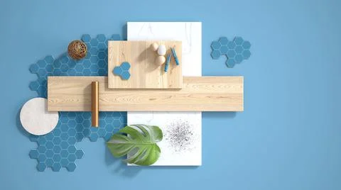 Minimal blue background with copy space, marble slab, wooden planks, cutting  Stock Illustration