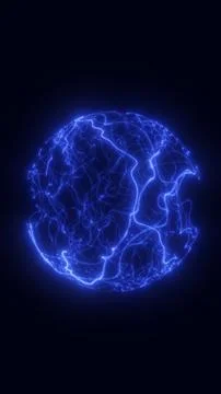Minimal blue electric sphere formed by glowing tangled lines on a dark back.. Stock Illustration