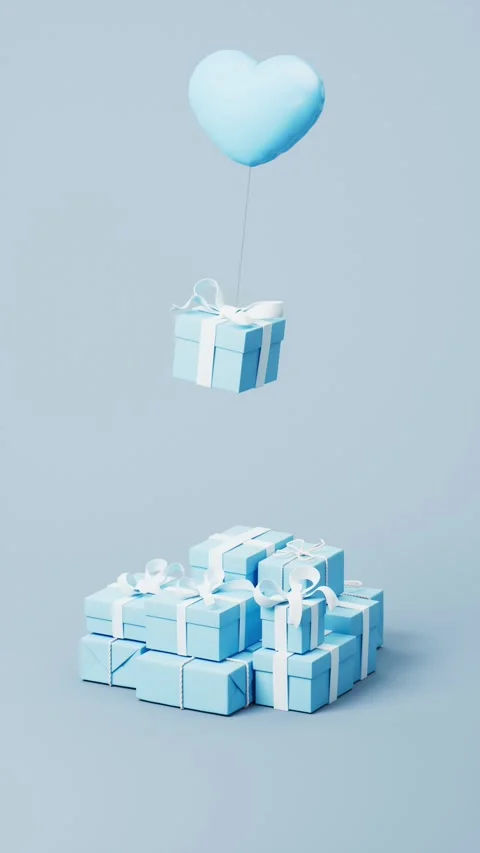 Minimal blue gift box attached to heart shaped balloon falling on stack of .. 스톡 동영상 327249568
