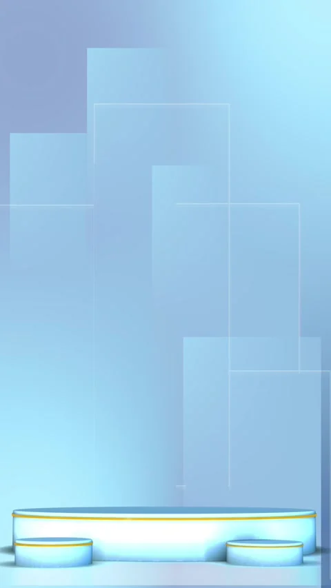 Minimal blue studio stage display glowing podiums, translucent panels, shadows Stock Footage 334120602