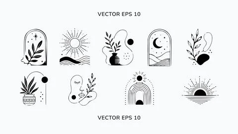 Minimal Boho Botanical Celestial Abstract Line Art Icon Set Stock Illustration