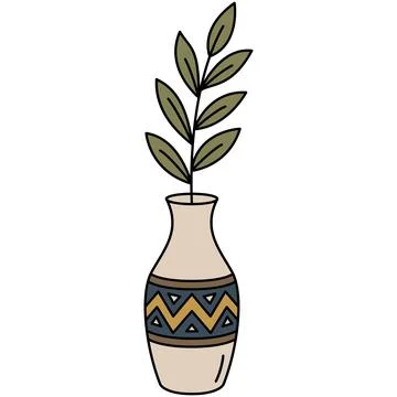 Minimal boho ceramic vase with green plant leaf handdrawn flat outline Stock Illustration