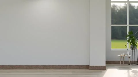 A minimal bright home corridor featuring an empty white wall, a parquet flo.. Stock Illustration