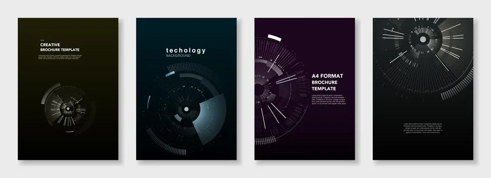 Minimal brochure templates. Circle elements on dark background. Technology sci Stock Illustration