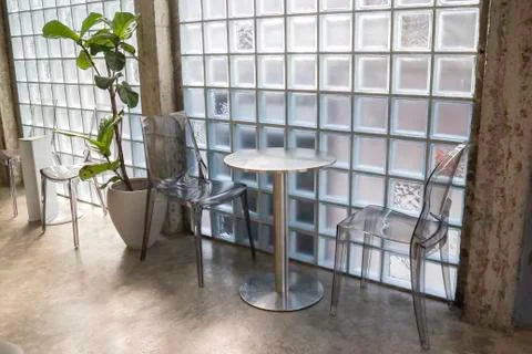 Minimal cafe interior decorating with modern furniture set Stock Photos