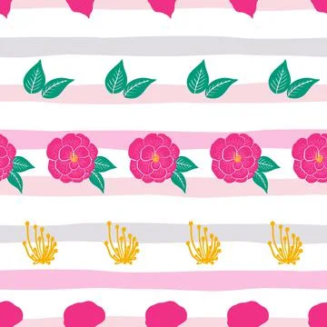 Minimal camellia seamless pattern design on pastel stripes Stock Illustration
