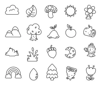 Minimal cartoon outline nature elements Illustrazione stock