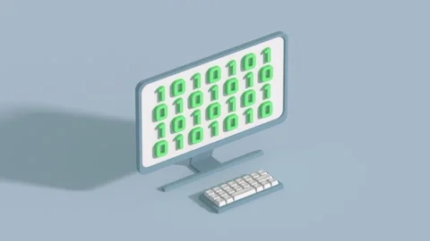 Minimal cartoon style computer with digital code isometric 3D render animation Stock Footage 220788989