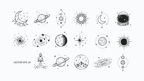 Minimal Celestial Space Galaxy Hand Drawn Icon Collection Stock Illustration