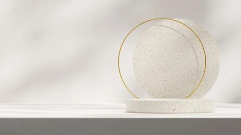 Minimal ceramic texture podium and gold ring background, 3d render mockup templa Illustrazione stock