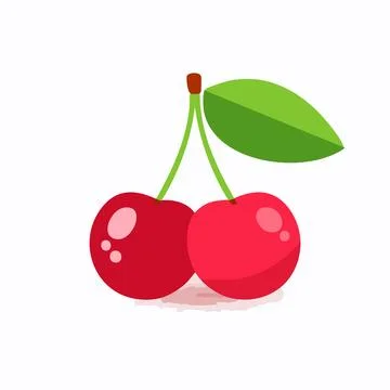 Minimal cherry drawing with red smooth surface green stem and leaf placed o.. Stock Illustration