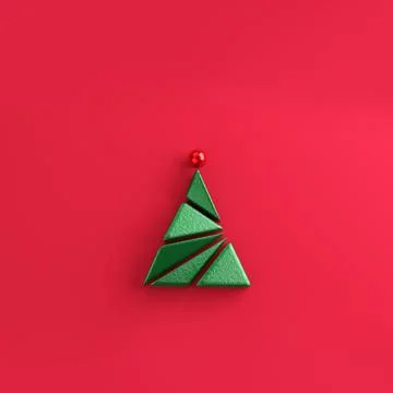 Minimal christmas tree geometric shape on red background Stock Photos