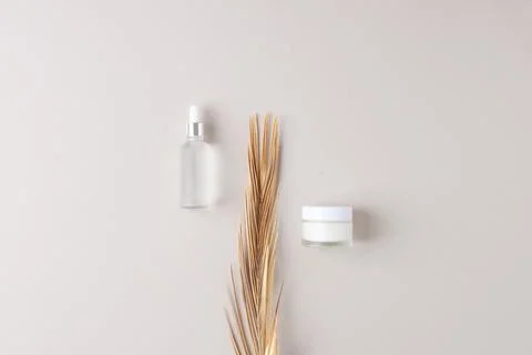 Minimal composition with cosmetic skin care products and palm leaf on grey ba Stock Photos