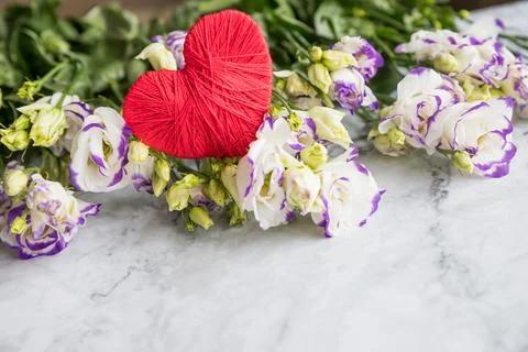 Minimal composition with a Eustoma flowers and red heart on marble background Stock Photos