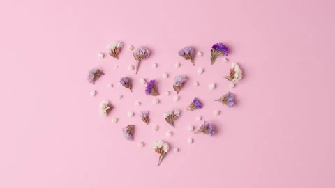 Minimal composition with a heart shape of flowers  on pink background. Flat.. Stock-Footage 305556621