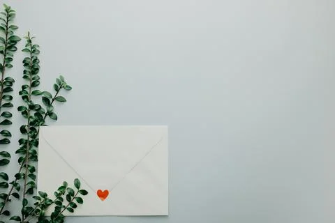 Minimal composition with a white envelope, heart and green leaves Stock Photos