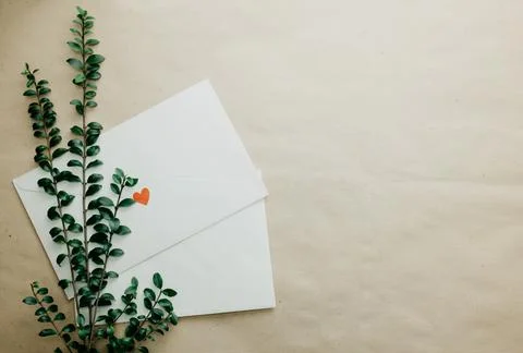 Minimal composition with a white envelope, heart and green leaves Stock Photos