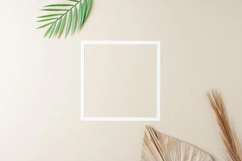 Minimal composition with white frame and palm leaf on pastel beige background Foto stock