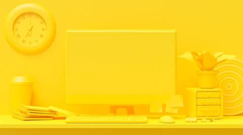 Minimal concept, computer on table Work desk yellow color and mock-up for you Stock Illustration