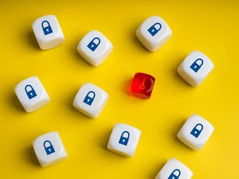 Minimal concept of cybersecurity with white dices showing padlock symbol an.. 库存照片