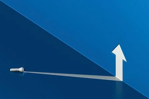 Minimal concept showing flashlight projects beam forming upward arrow, symb.. Stock Illustration