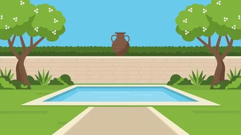 Minimal Courtyard Pool Mediterranean Flat Design Illustration Stock Illustration