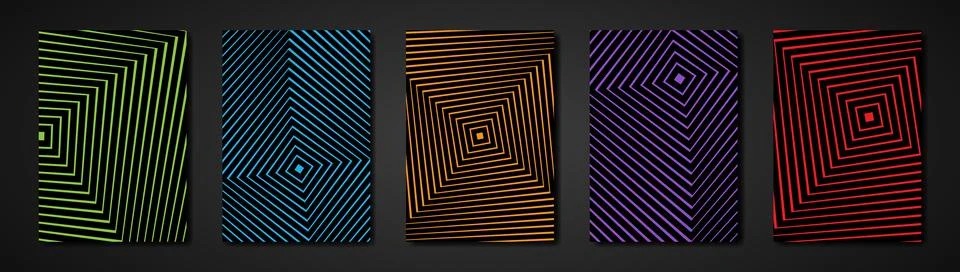 Minimal covers set. 3D Future geometric design. Op Art colorful striped Illustrazione stock