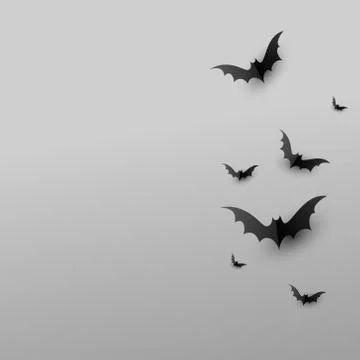 Minimal creative background with paper scary black bats on gray background wi Ilustração Stock