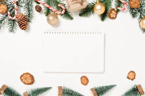 Minimal creative flat lay of winter christmas traditional composition and n.. Stock Photos