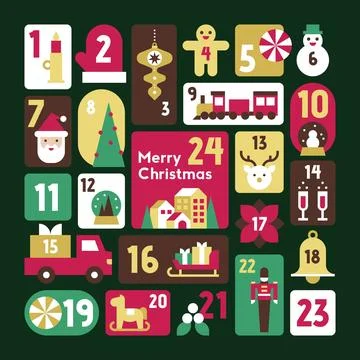 Minimal Dark Advent Calendar with Festive Icons Santa Deer Train Ornaments .. イラスト素材
