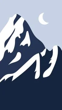 Minimal Dark Blue Winter Mountain Landscape with Snowy Peaks and Moon Flat .. Stock Illustration