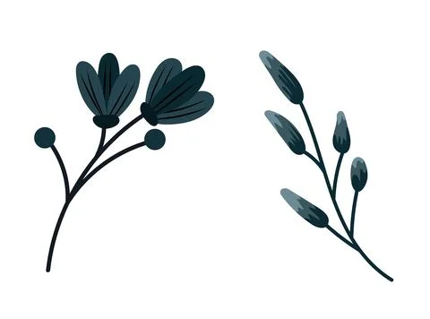 Minimal dark botanical elements with leaves and buds, simple flat vector se.. Illustrazione stock