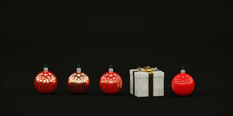Minimal dark Christmas composition with red Christmas toys and gift 3d render Stock Illustration
