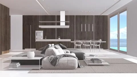 Minimal dark wooden kitchen with dining island and living room in white and.. Stock Illustration
