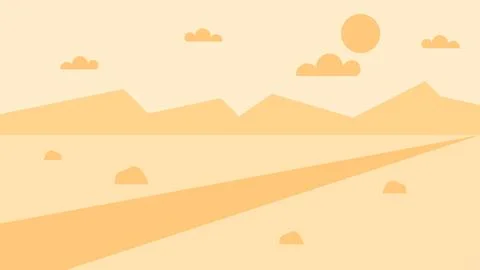 Minimal desert scene with sun, mountains, and soft clouds in warm tones, pe.. Illustrazione stock