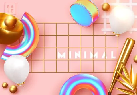 Minimal design background with realistic 3d objects of different shapes Stock Illustration