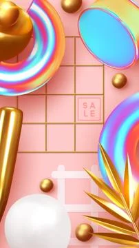 Minimal design background with realistic 3d objects of different shapes Stock Illustration
