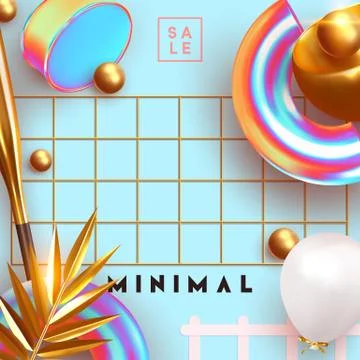 Minimal design background with realistic 3d objects of different shapes Illustrazione stock