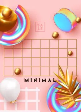 Minimal design background with realistic 3d objects of different shapes Stockillustratie