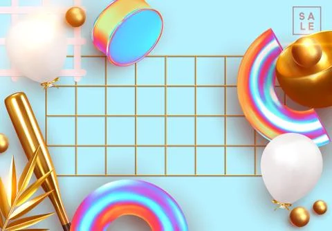 Minimal design background with realistic 3d objects of different shapes Illustrazione stock
