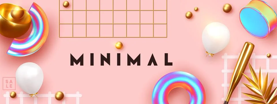 Minimal design background with realistic 3d objects of different shapes Stock Illustration