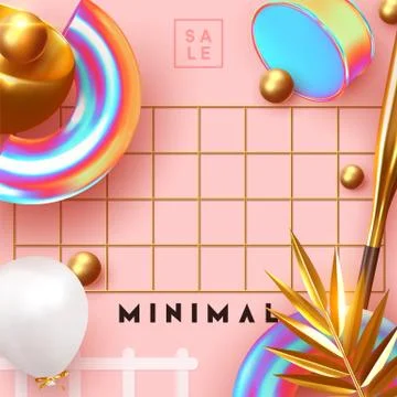 Minimal design background with realistic 3d objects of different shapes Illustrazione stock