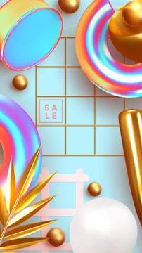 Minimal design background with realistic 3d objects of different shapes Illustrazione stock