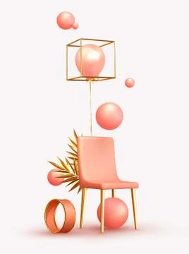 Minimal design background with realistic 3d objects of different shapes Stock Illustration