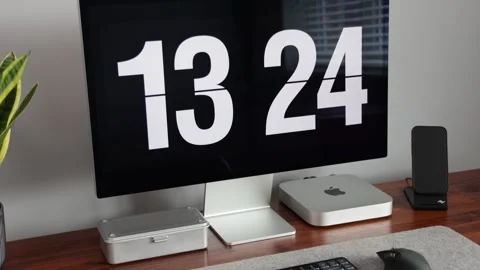 Minimal desk setup in modern home office interior with digital clock time Stock Footage 276965907